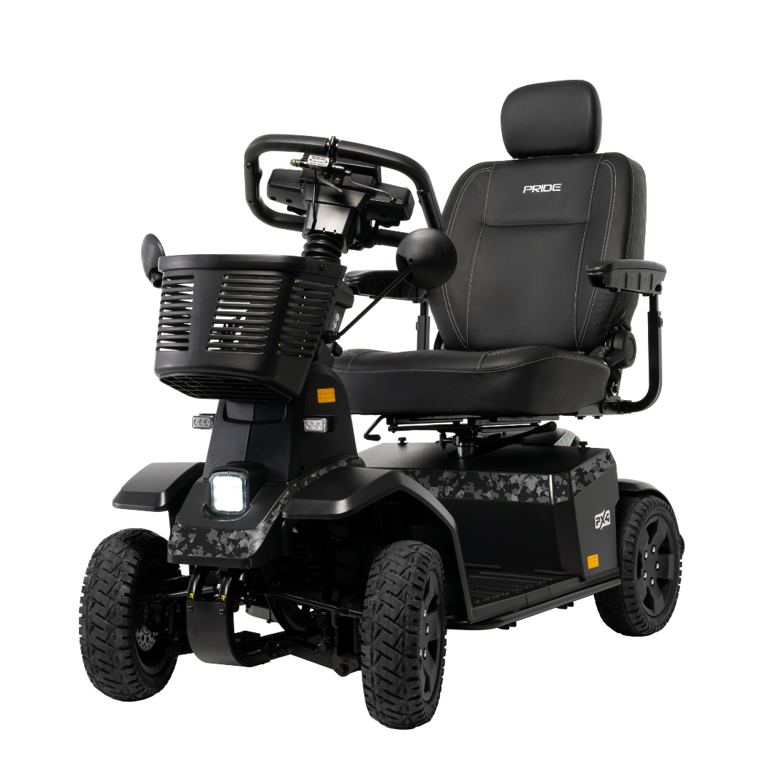 The Pride Mobility PX4 HD Bariatric Scooter is a black, long-range mobility scooter with a high-backed cushioned seat, armrests, control panel, front basket, and sturdy wheels—engineered for outdoor use and extended travel.